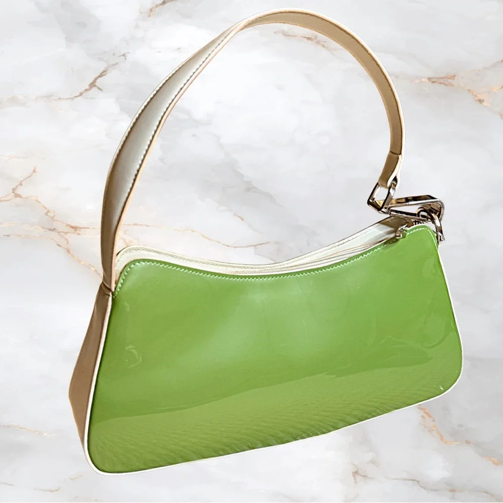 Beijo Y2K Avocado Green Glossy Hobo Shoulder Bag NWT White Trim Deadstock - Picture 7 of 13